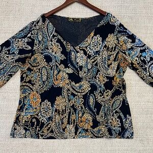 Mirasol Babydoll Top Blouse Womens 2X Black Vintage Paisley 3/4 Sleeve Stretch